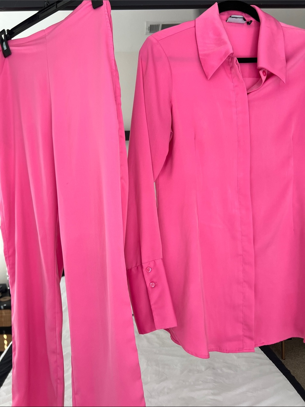 ASOS Bright Hot Pink Wide-Leg Pants & Button-Front Shirt Set